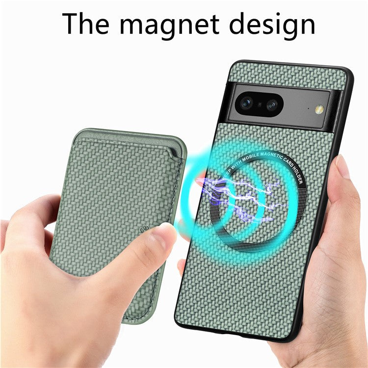 For Google Pixel 7a 5G Carbon Fiber Texture Drop-proof Case Detachable Magnetic Card Holder PC + TPU + PU Leather Protective Cover - Green
