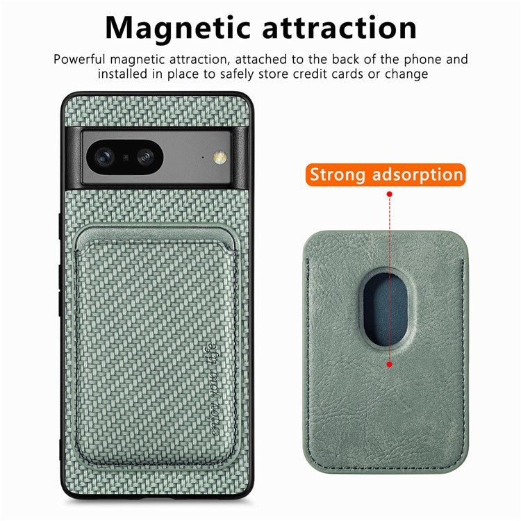 For Google Pixel 7a 5G Carbon Fiber Texture Drop-proof Case Detachable Magnetic Card Holder PC + TPU + PU Leather Protective Cover - Green