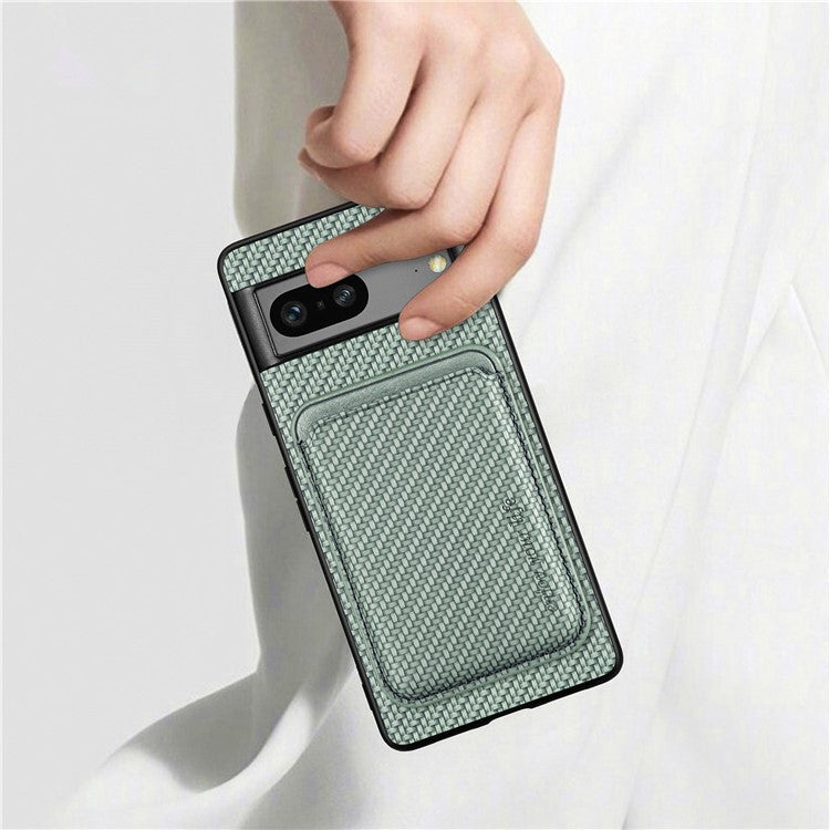 For Google Pixel 7a 5G Carbon Fiber Texture Drop-proof Case Detachable Magnetic Card Holder PC + TPU + PU Leather Protective Cover - Green