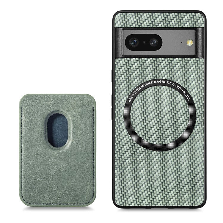 For Google Pixel 7a 5G Carbon Fiber Texture Drop-proof Case Detachable Magnetic Card Holder PC + TPU + PU Leather Protective Cover - Green