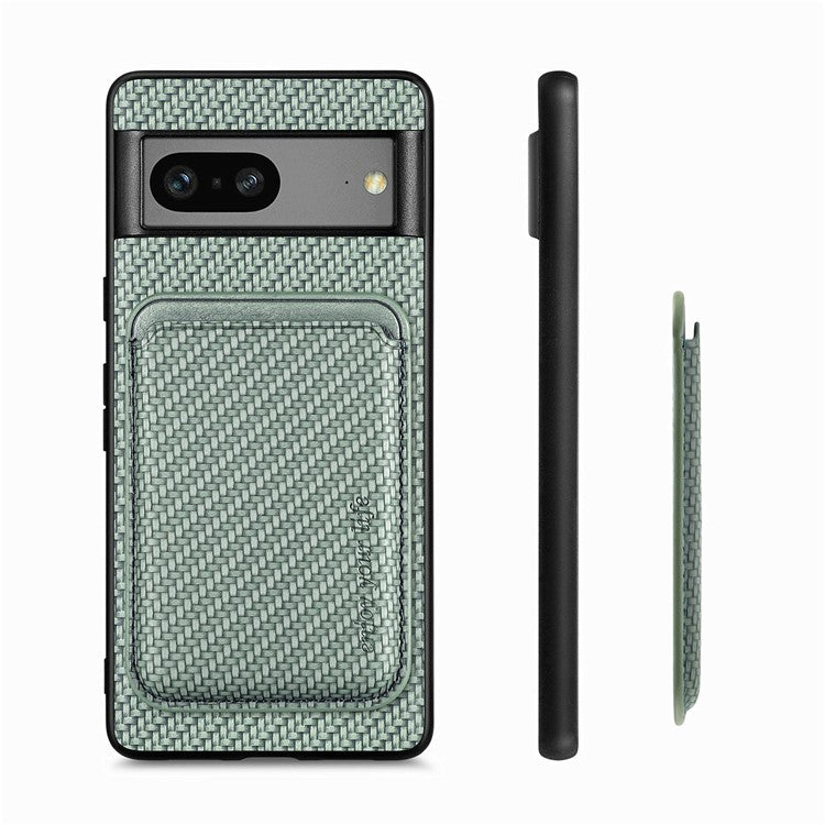For Google Pixel 7a 5G Carbon Fiber Texture Drop-proof Case Detachable Magnetic Card Holder PC + TPU + PU Leather Protective Cover - Green
