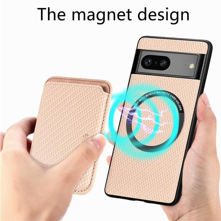 For Google Pixel 7a 5G Carbon Fiber Texture Drop-proof Case Detachable Magnetic Card Holder PC + TPU + PU Leather Protective Cover - Khaki