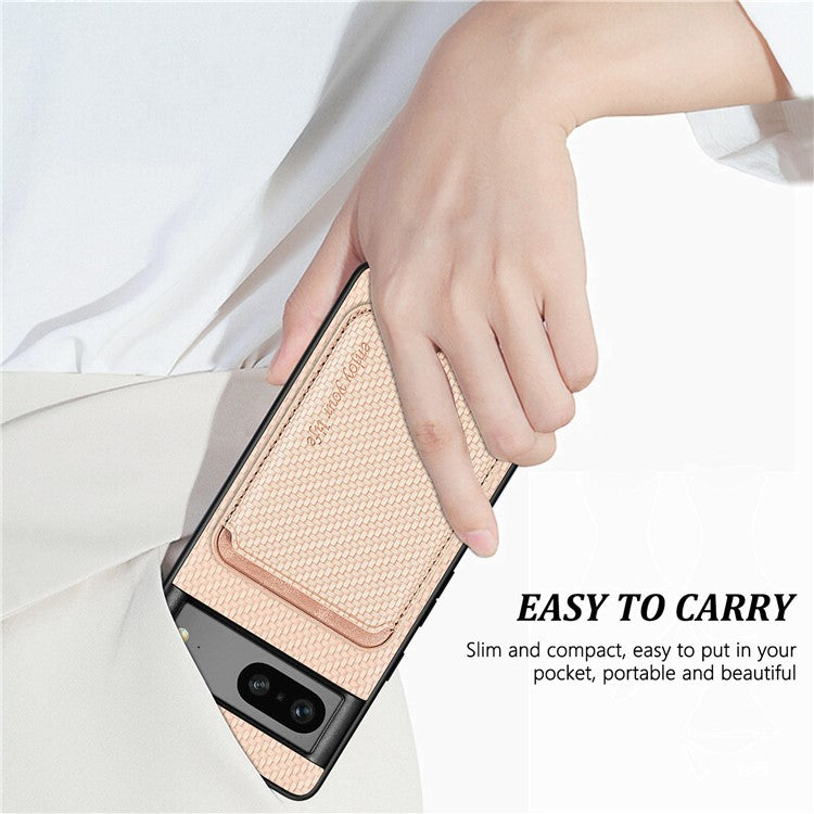 For Google Pixel 7a 5G Carbon Fiber Texture Drop-proof Case Detachable Magnetic Card Holder PC + TPU + PU Leather Protective Cover - Khaki
