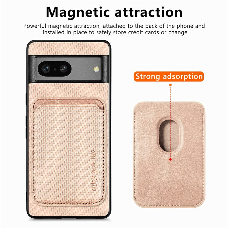 For Google Pixel 7a 5G Carbon Fiber Texture Drop-proof Case Detachable Magnetic Card Holder PC + TPU + PU Leather Protective Cover - Khaki