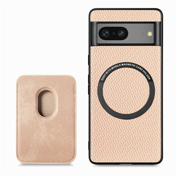 For Google Pixel 7a 5G Carbon Fiber Texture Drop-proof Case Detachable Magnetic Card Holder PC + TPU + PU Leather Protective Cover - Khaki