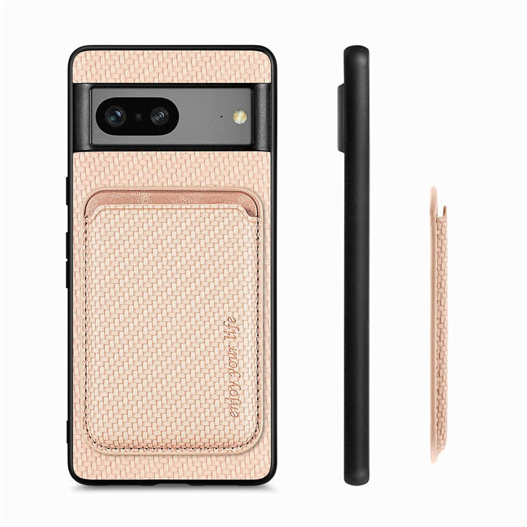For Google Pixel 7a 5G Carbon Fiber Texture Drop-proof Case Detachable Magnetic Card Holder PC + TPU + PU Leather Protective Cover - Khaki