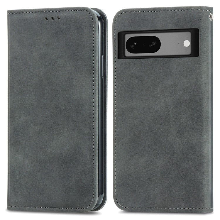 For Google Pixel 7a Magnetic Absorption Retro PU Leather Anti-drop Phone Cover with Card Slots Skin-touch Feeling Flip Phone Case Stand - Grey