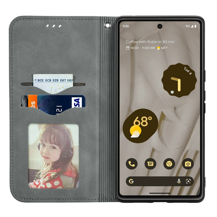 For Google Pixel 7a Magnetic Absorption Retro PU Leather Anti-drop Phone Cover with Card Slots Skin-touch Feeling Flip Phone Case Stand - Grey