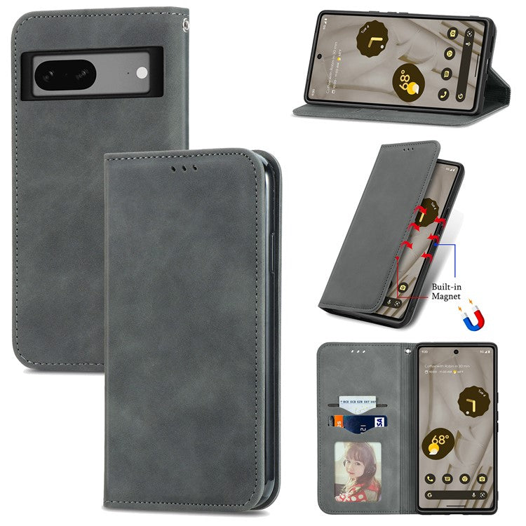 For Google Pixel 7a Magnetic Absorption Retro PU Leather Anti-drop Phone Cover with Card Slots Skin-touch Feeling Flip Phone Case Stand - Grey