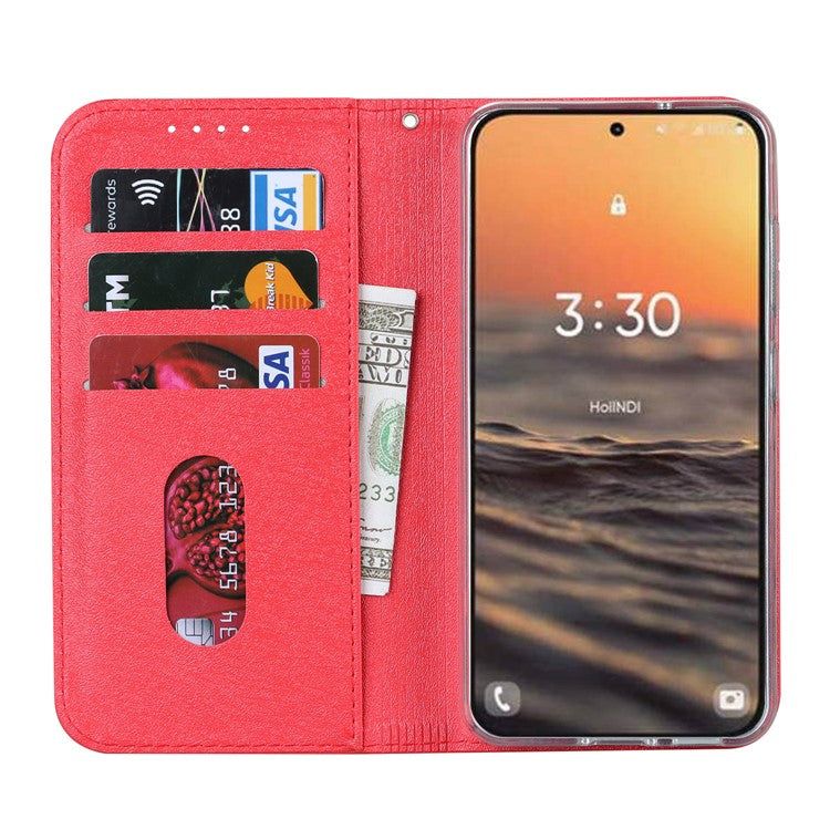 For Samsung Galaxy S23 Shockproof Phone Case PU Leather Silk Texture Phone Cover Wallet Stand with Wrist Strap - Red