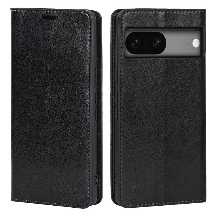 Genuine Leather Phone Cover For Google Pixel 7a, Crazy Horse Texture Magnetic Anti-drop Phone Case with Stand Wallet - Black