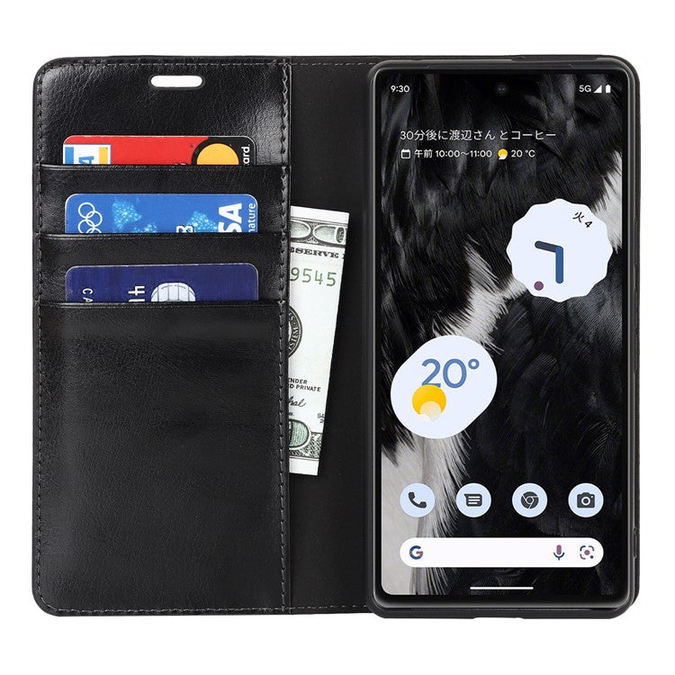 Genuine Leather Phone Cover For Google Pixel 7a, Crazy Horse Texture Magnetic Anti-drop Phone Case with Stand Wallet - Black
