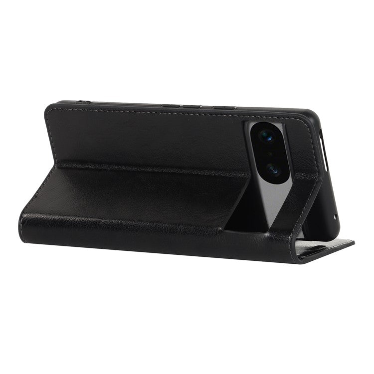 Genuine Leather Phone Cover For Google Pixel 7a, Crazy Horse Texture Magnetic Anti-drop Phone Case with Stand Wallet - Black