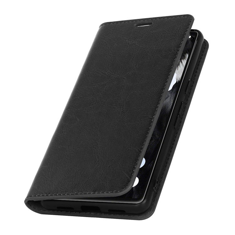 Genuine Leather Phone Cover For Google Pixel 7a, Crazy Horse Texture Magnetic Anti-drop Phone Case with Stand Wallet - Black