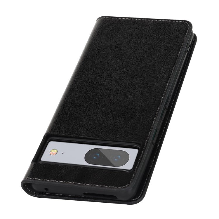 Genuine Leather Phone Cover For Google Pixel 7a, Crazy Horse Texture Magnetic Anti-drop Phone Case with Stand Wallet - Black