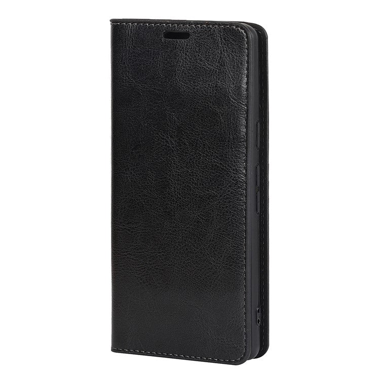 Genuine Leather Phone Cover For Google Pixel 7a, Crazy Horse Texture Magnetic Anti-drop Phone Case with Stand Wallet - Black