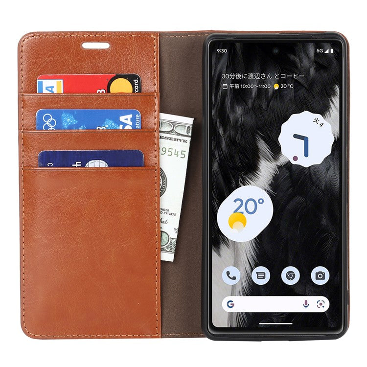 Genuine Leather Phone Cover For Google Pixel 7a, Crazy Horse Texture Magnetic Anti-drop Phone Case with Stand Wallet - Light Brown