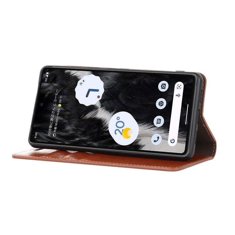 Genuine Leather Phone Cover For Google Pixel 7a, Crazy Horse Texture Magnetic Anti-drop Phone Case with Stand Wallet - Light Brown