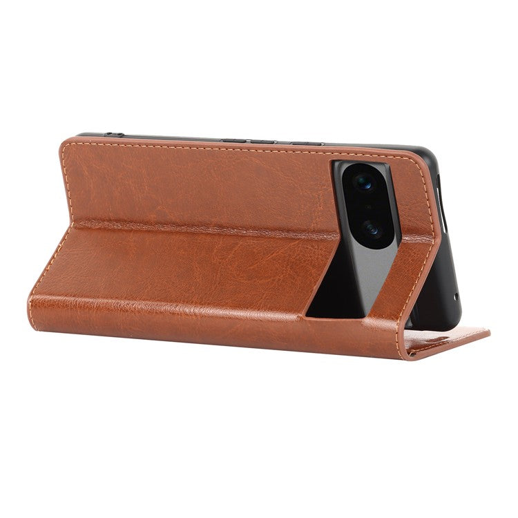 Genuine Leather Phone Cover For Google Pixel 7a, Crazy Horse Texture Magnetic Anti-drop Phone Case with Stand Wallet - Light Brown