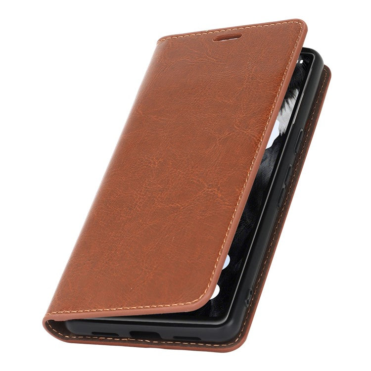 Genuine Leather Phone Cover For Google Pixel 7a, Crazy Horse Texture Magnetic Anti-drop Phone Case with Stand Wallet - Light Brown