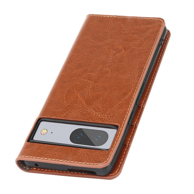 Genuine Leather Phone Cover For Google Pixel 7a, Crazy Horse Texture Magnetic Anti-drop Phone Case with Stand Wallet - Light Brown