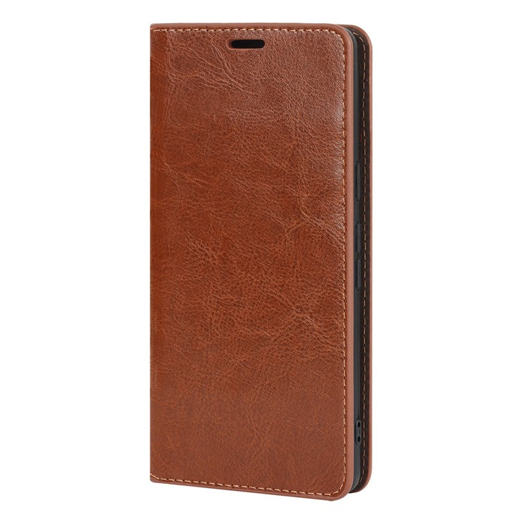 Genuine Leather Phone Cover For Google Pixel 7a, Crazy Horse Texture Magnetic Anti-drop Phone Case with Stand Wallet - Light Brown