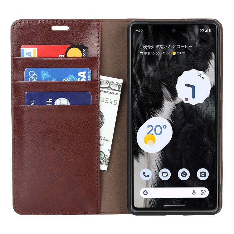 Genuine Leather Phone Cover For Google Pixel 7a, Crazy Horse Texture Magnetic Anti-drop Phone Case with Stand Wallet - Dark Brown