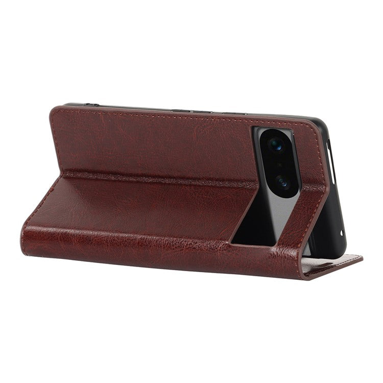 Genuine Leather Phone Cover For Google Pixel 7a, Crazy Horse Texture Magnetic Anti-drop Phone Case with Stand Wallet - Dark Brown