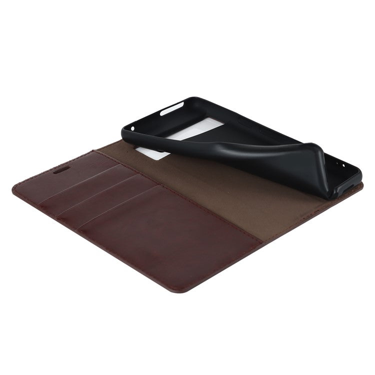 Genuine Leather Phone Cover For Google Pixel 7a, Crazy Horse Texture Magnetic Anti-drop Phone Case with Stand Wallet - Dark Brown