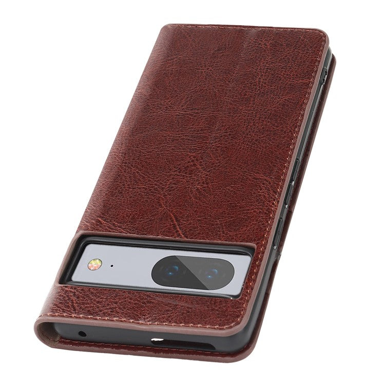 Genuine Leather Phone Cover For Google Pixel 7a, Crazy Horse Texture Magnetic Anti-drop Phone Case with Stand Wallet - Dark Brown