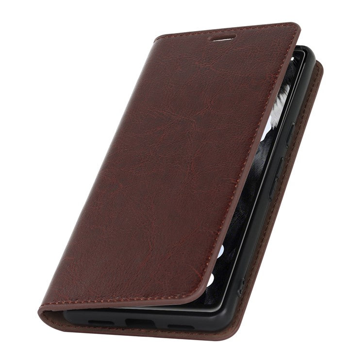 Genuine Leather Phone Cover For Google Pixel 7a, Crazy Horse Texture Magnetic Anti-drop Phone Case with Stand Wallet - Dark Brown