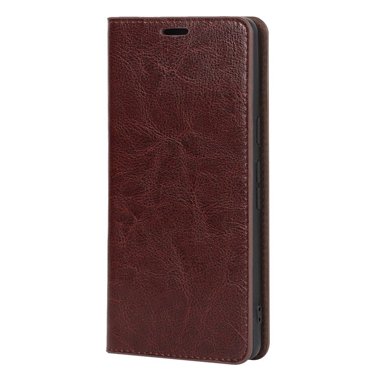 Genuine Leather Phone Cover For Google Pixel 7a, Crazy Horse Texture Magnetic Anti-drop Phone Case with Stand Wallet - Dark Brown