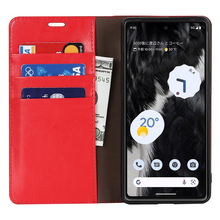 Genuine Leather Phone Cover For Google Pixel 7a, Crazy Horse Texture Magnetic Anti-drop Phone Case with Stand Wallet - Red