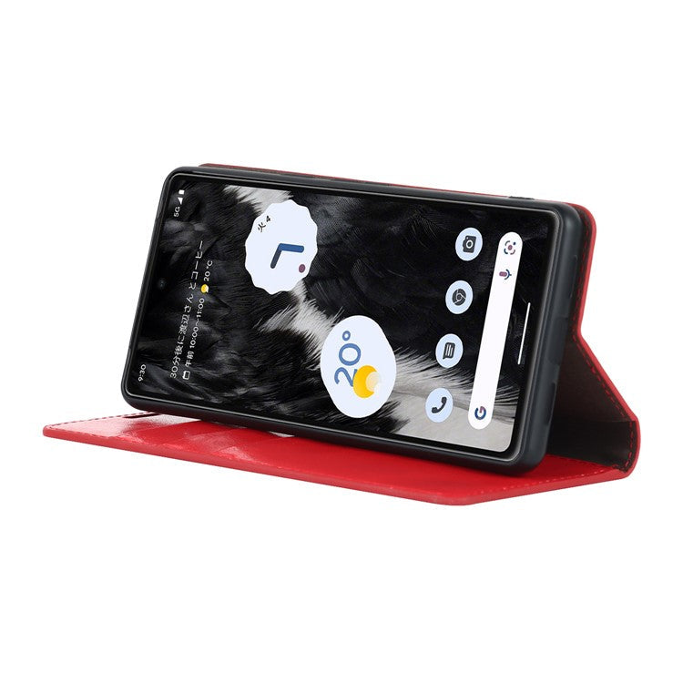 Genuine Leather Phone Cover For Google Pixel 7a, Crazy Horse Texture Magnetic Anti-drop Phone Case with Stand Wallet - Red