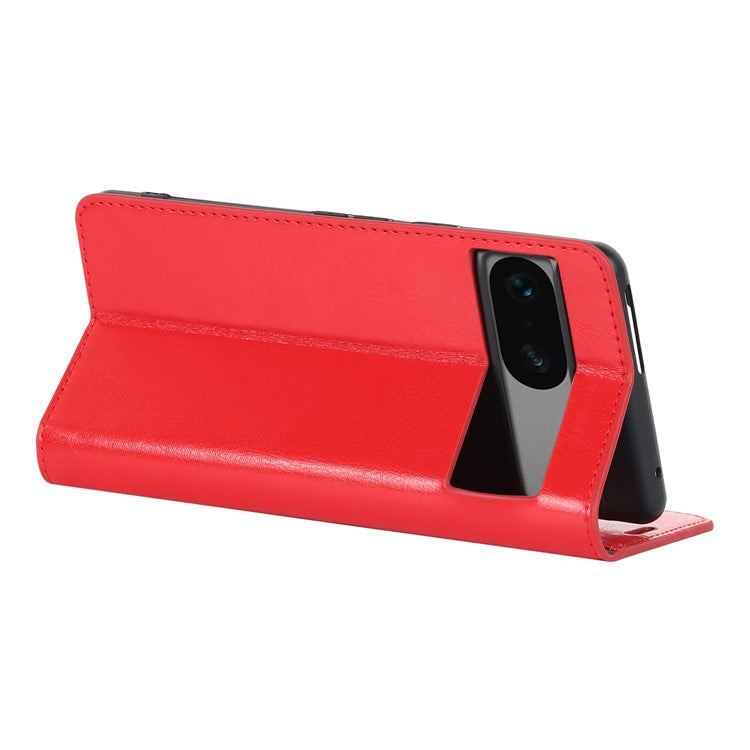 Genuine Leather Phone Cover For Google Pixel 7a, Crazy Horse Texture Magnetic Anti-drop Phone Case with Stand Wallet - Red