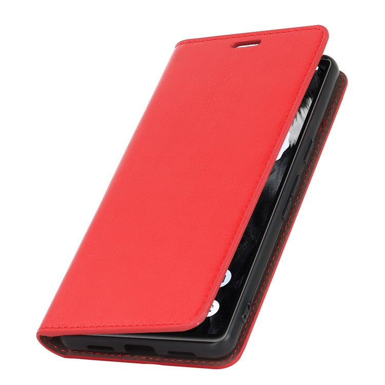 Genuine Leather Phone Cover For Google Pixel 7a, Crazy Horse Texture Magnetic Anti-drop Phone Case with Stand Wallet - Red
