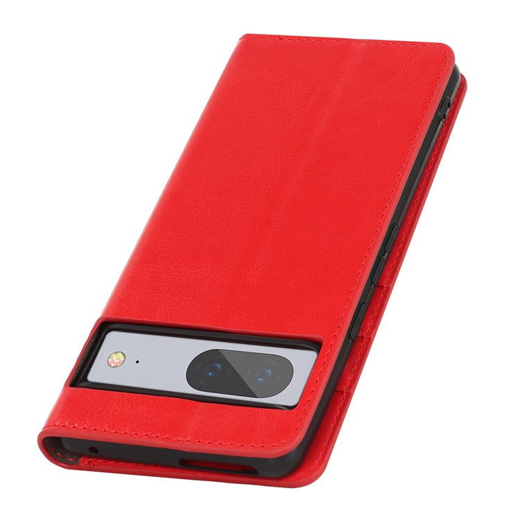 Genuine Leather Phone Cover For Google Pixel 7a, Crazy Horse Texture Magnetic Anti-drop Phone Case with Stand Wallet - Red