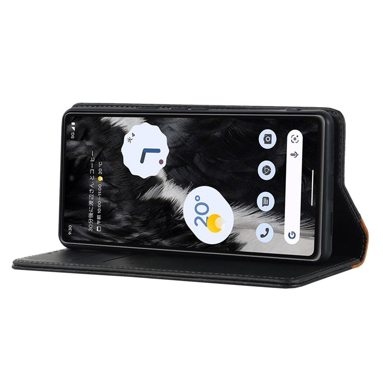 PU Leather Phone Case For Google Pixel 7a, Bi-color Splicing Calf Texture Shockproof Magnetic Phone Cover with Stand Wallet - Black  /  Yellow
