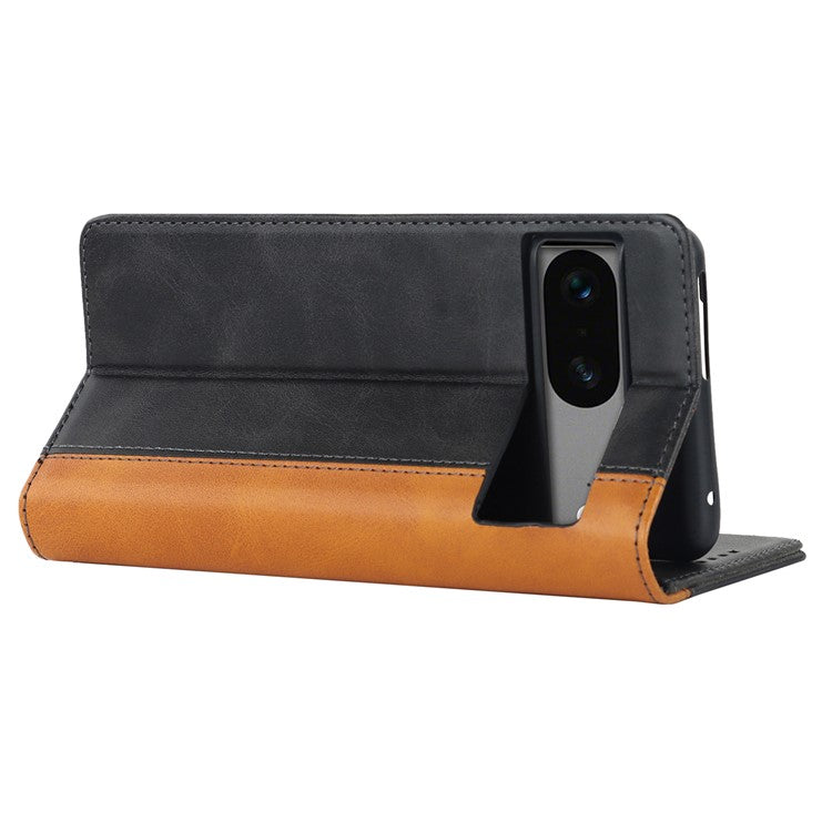 PU Leather Phone Case For Google Pixel 7a, Bi-color Splicing Calf Texture Shockproof Magnetic Phone Cover with Stand Wallet - Black  /  Yellow