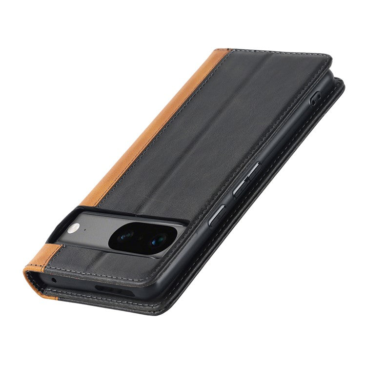 PU Leather Phone Case For Google Pixel 7a, Bi-color Splicing Calf Texture Shockproof Magnetic Phone Cover with Stand Wallet - Black  /  Yellow