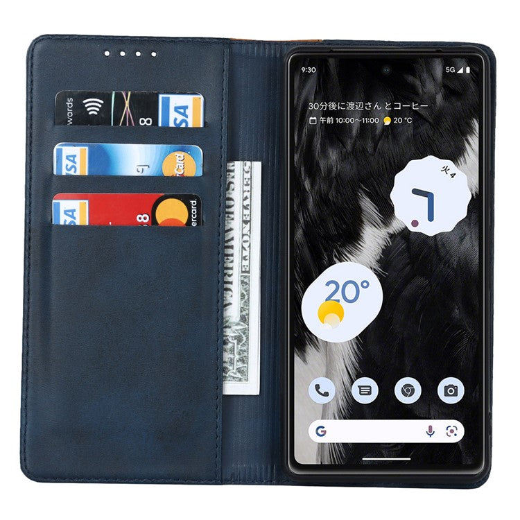 PU Leather Phone Case For Google Pixel 7a, Bi-color Splicing Calf Texture Shockproof Magnetic Phone Cover with Stand Wallet - Blue  /  Yellow