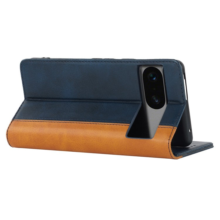 PU Leather Phone Case For Google Pixel 7a, Bi-color Splicing Calf Texture Shockproof Magnetic Phone Cover with Stand Wallet - Blue  /  Yellow