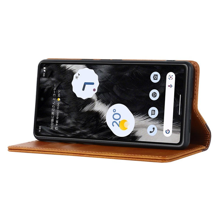 PU Leather Phone Case For Google Pixel 7a, Bi-color Splicing Calf Texture Shockproof Magnetic Phone Cover with Stand Wallet - Blue  /  Yellow