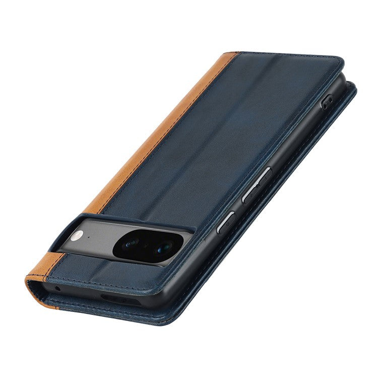 PU Leather Phone Case For Google Pixel 7a, Bi-color Splicing Calf Texture Shockproof Magnetic Phone Cover with Stand Wallet - Blue  /  Yellow
