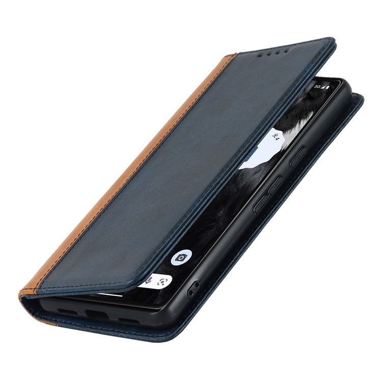 PU Leather Phone Case For Google Pixel 7a, Bi-color Splicing Calf Texture Shockproof Magnetic Phone Cover with Stand Wallet - Blue  /  Yellow