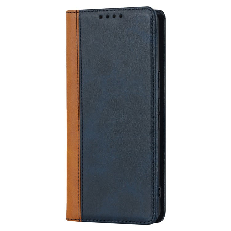 PU Leather Phone Case For Google Pixel 7a, Bi-color Splicing Calf Texture Shockproof Magnetic Phone Cover with Stand Wallet - Blue  /  Yellow