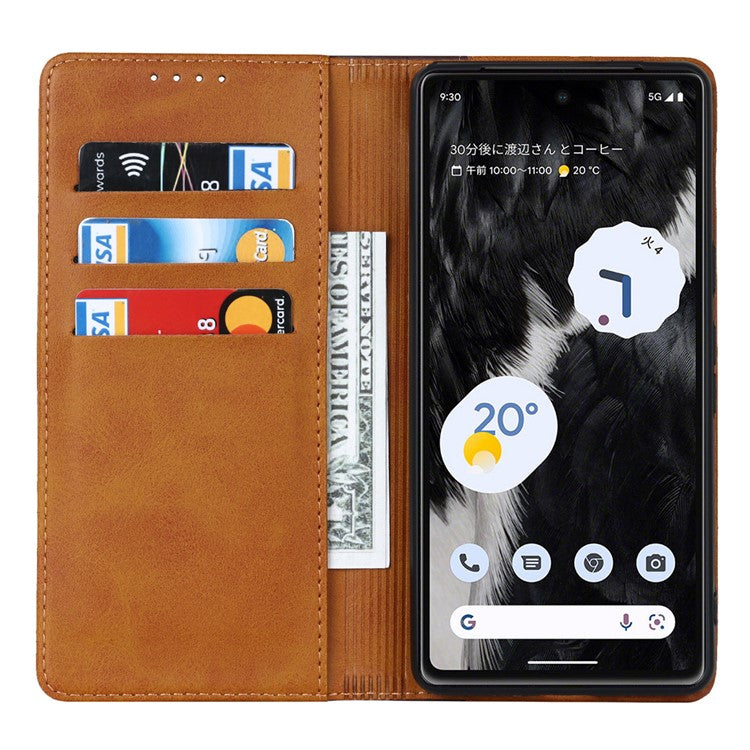 PU Leather Phone Case For Google Pixel 7a, Bi-color Splicing Calf Texture Shockproof Magnetic Phone Cover with Stand Wallet - Yellow  /  Brown
