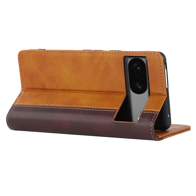 PU Leather Phone Case For Google Pixel 7a, Bi-color Splicing Calf Texture Shockproof Magnetic Phone Cover with Stand Wallet - Yellow  /  Brown