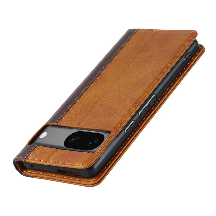 PU Leather Phone Case For Google Pixel 7a, Bi-color Splicing Calf Texture Shockproof Magnetic Phone Cover with Stand Wallet - Yellow  /  Brown