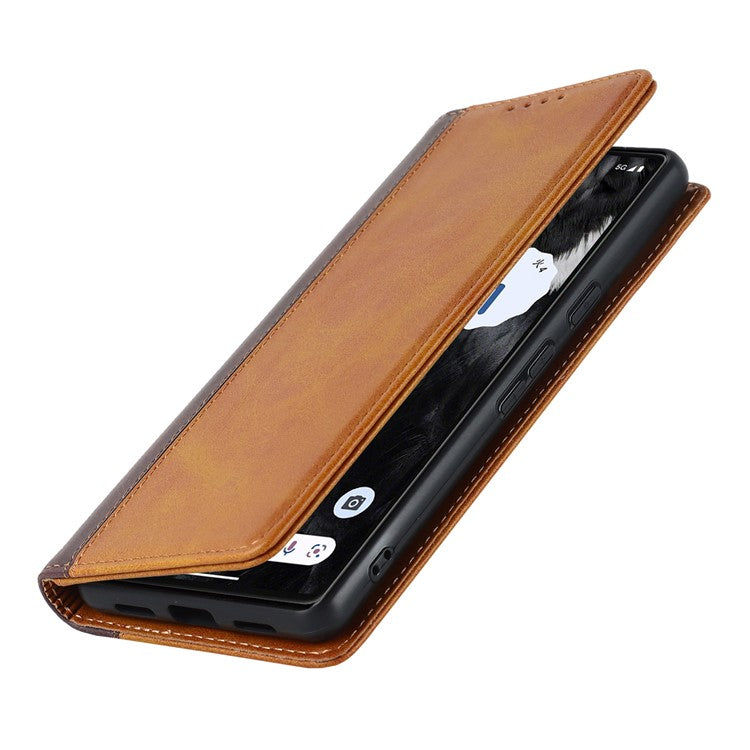 PU Leather Phone Case For Google Pixel 7a, Bi-color Splicing Calf Texture Shockproof Magnetic Phone Cover with Stand Wallet - Yellow  /  Brown